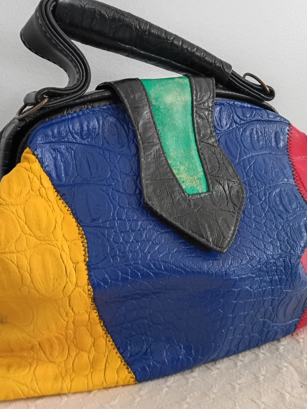 Vintage 80s 90s Baikal NY Colorblock Croc Embossed Leather Frame Bag Made in USA